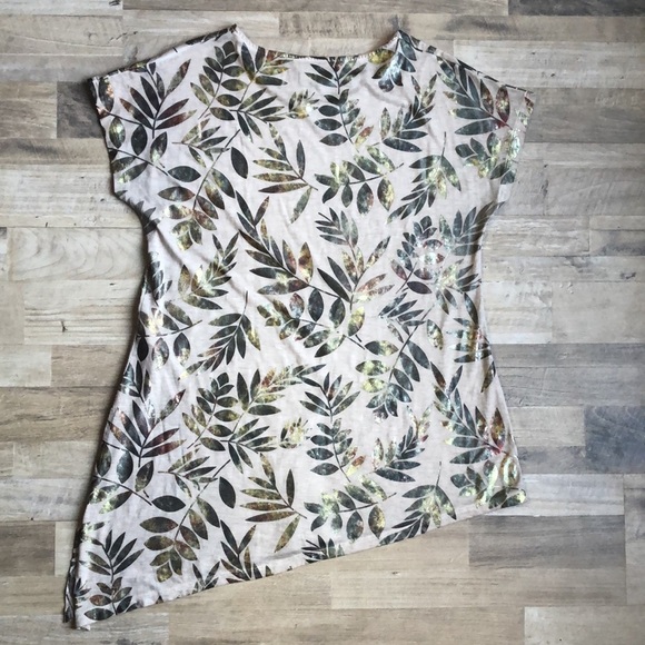 Dantelle Womens Tee Shirt Asymmetrical Metallic Leaves Lightweight Tan Size M - Picture 6 of 6